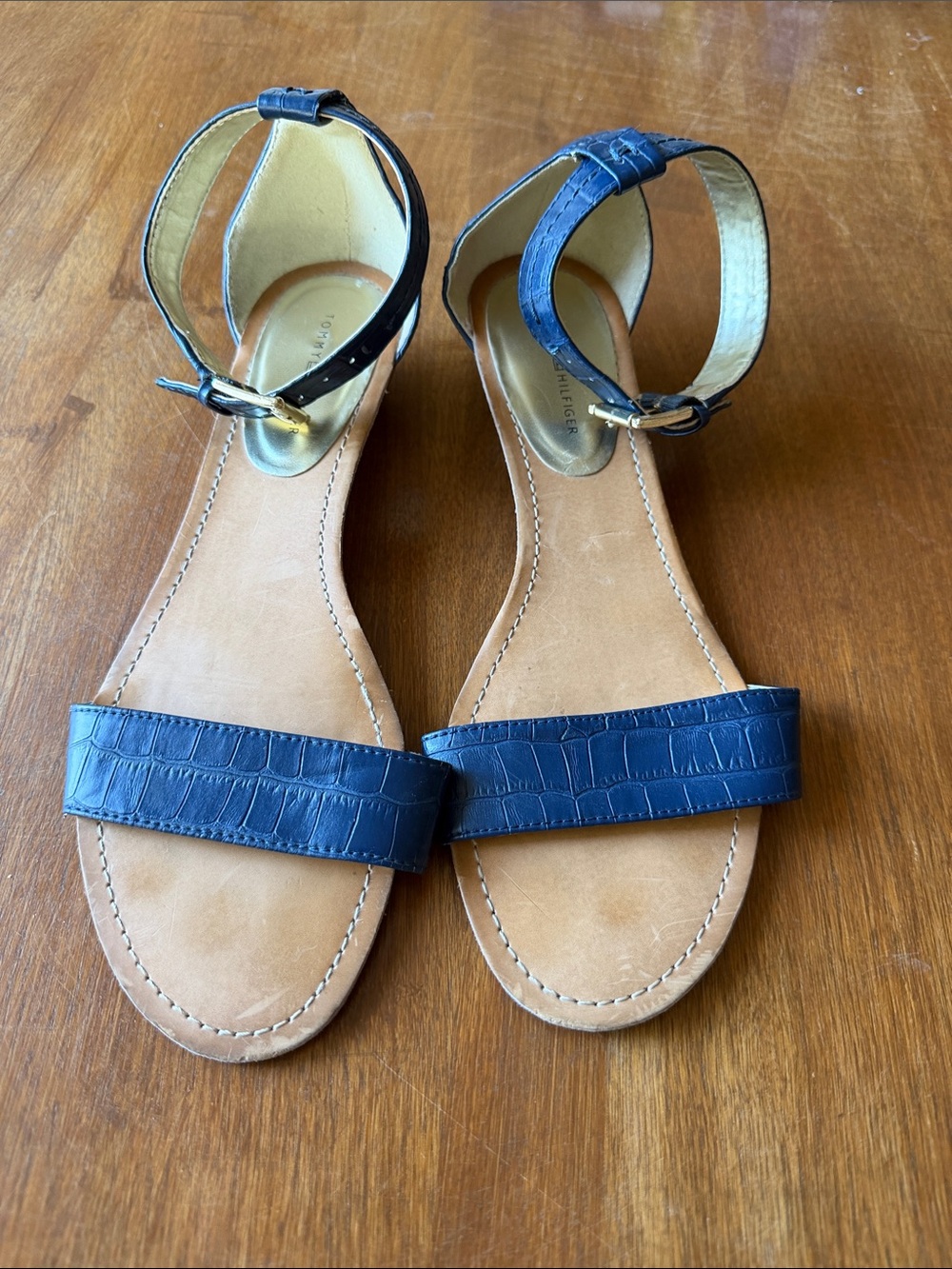 Tommy Hilfiger Navy Croc-Embossed Ankle-Strap Sandals with Tan Footbed